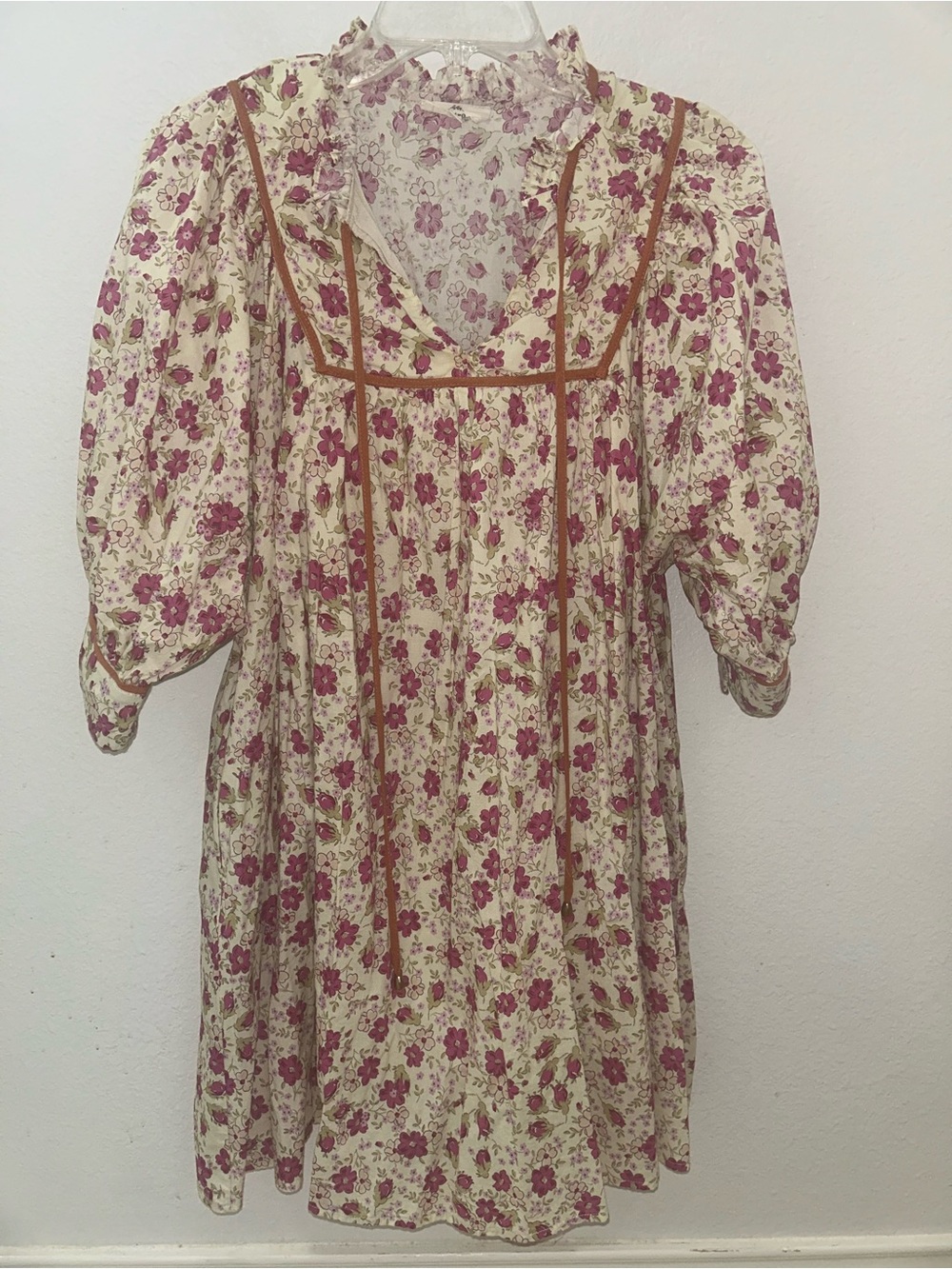 entro Cream Midi Dress with Pink Floral Print and Brown Trim.